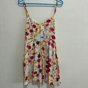Express Floral Mini Dress Womens Small Pink Yellow White Rayon Smocked Sundress